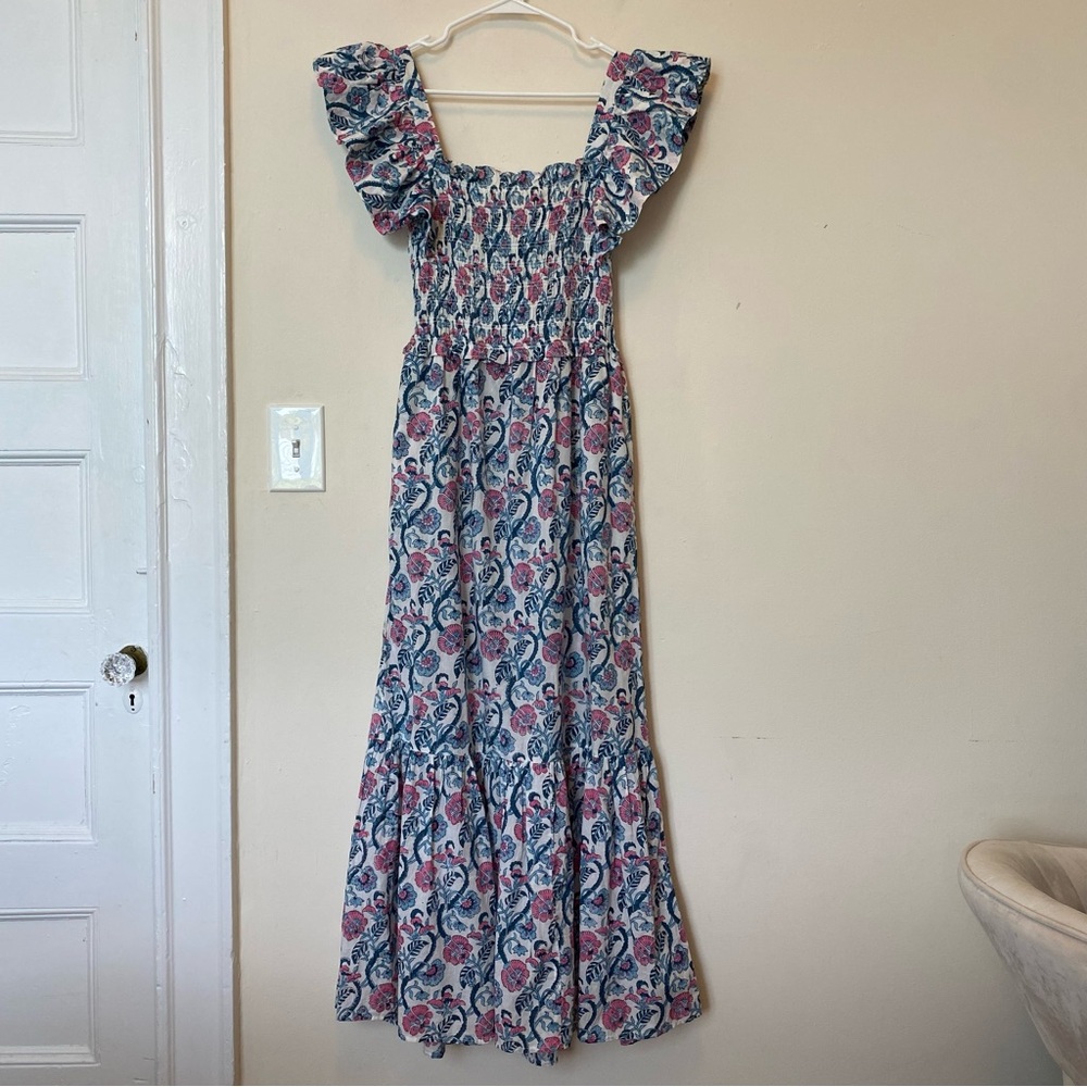ANNA CATE Giselle Floral Block Print Ruffle Smocked Maxi Dress Blue/Pink Small - Picture 4 of 13